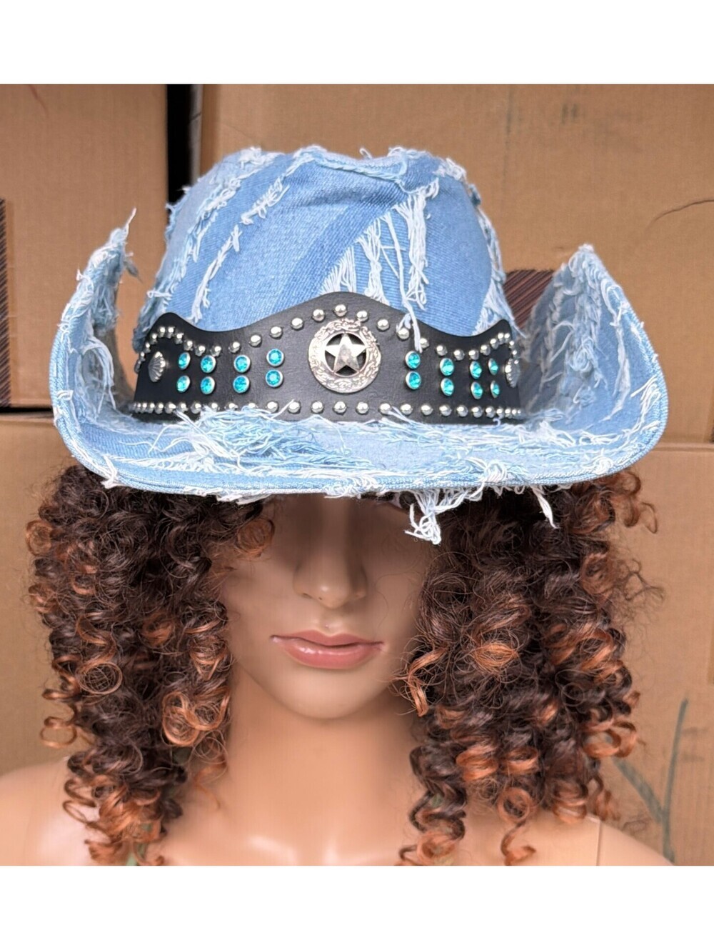 HAT Distressed Light Blue Denim Cowboy Hat with Turquoise Studded Band